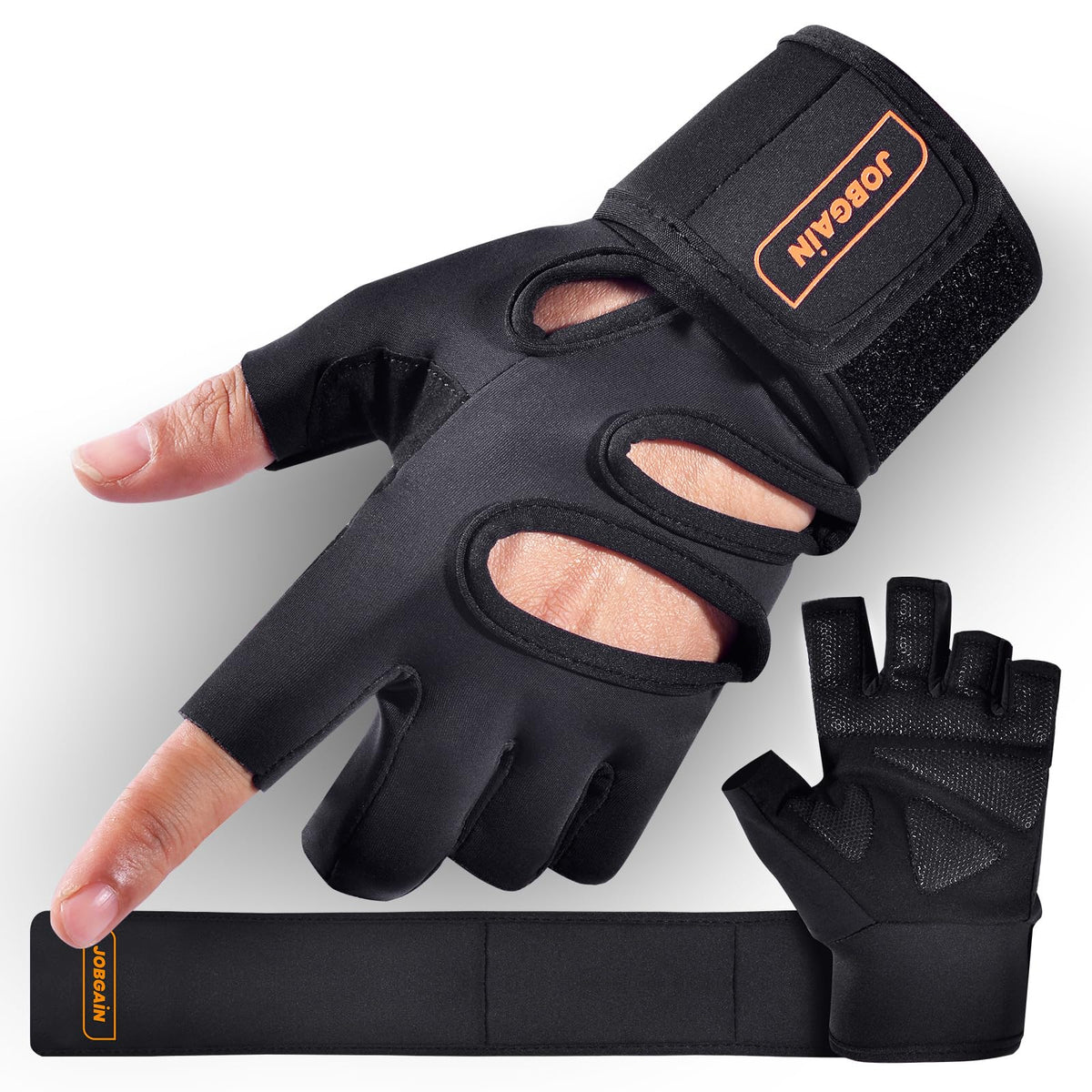 JOBGAIN Workout Gloves for Men and Women, Gym Weight Lifting Padded Gloves with Wrist Wrap Support, Full Palm Protection & Extra Grips, for Weightlifting, Exercise, Pull-Up, Black, Size M