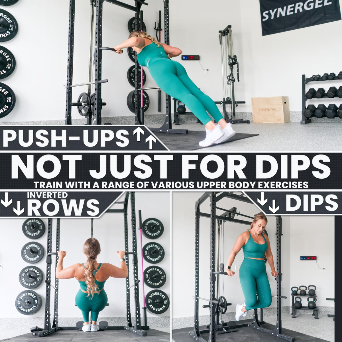 Synergee Dip Handles for 2x3 Power and Squat Racks, Dip Stand Fits Racks with 5/8" Holes. Rack-Mounted Dip Bar Attachment for Dips, Leg Raises, and Knee Tucks.