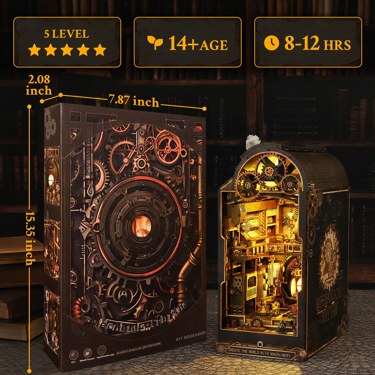 Book Nook, DIY Miniature House Kit, 3D Puzzle Wooden, LED Lights, Decor Crafts for Adults Teen Gifts(Steampunk Industria)
