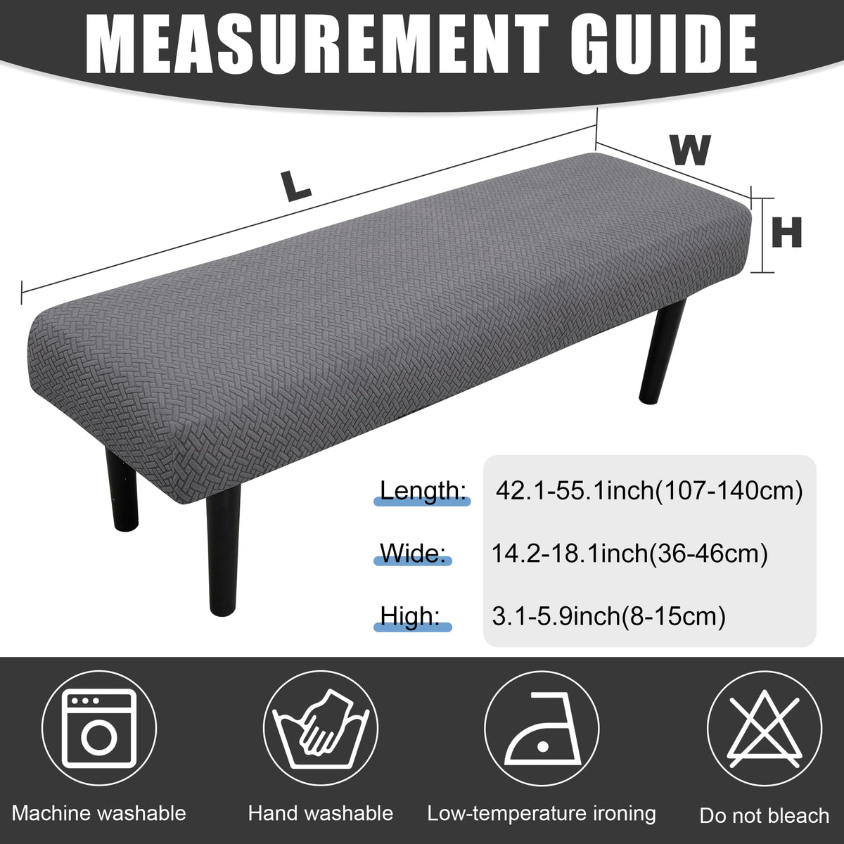 MRGSDL Stretch Bench Seat Cover, Reusable Slipcover for Dining Room & Bedroom, Removable Washable Rectangular Bench Covers, Elastic Fit for Home Furniture (Twill Grey)