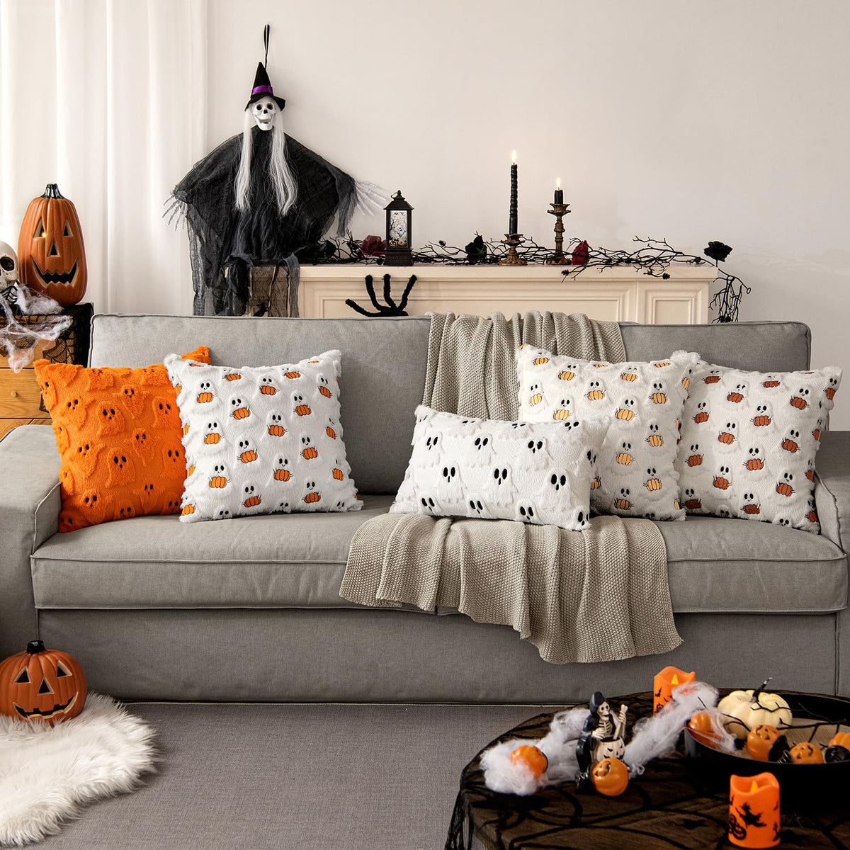 MIULEE Halloween Pillow Covers Decorative Fall Cute Ghost Plush Faux Fur Pillows 20x20 Inch Set of 2 Soft Pumpkin Accents for Sofa Couch Bed Living Room Festive Home Decor, White Rust