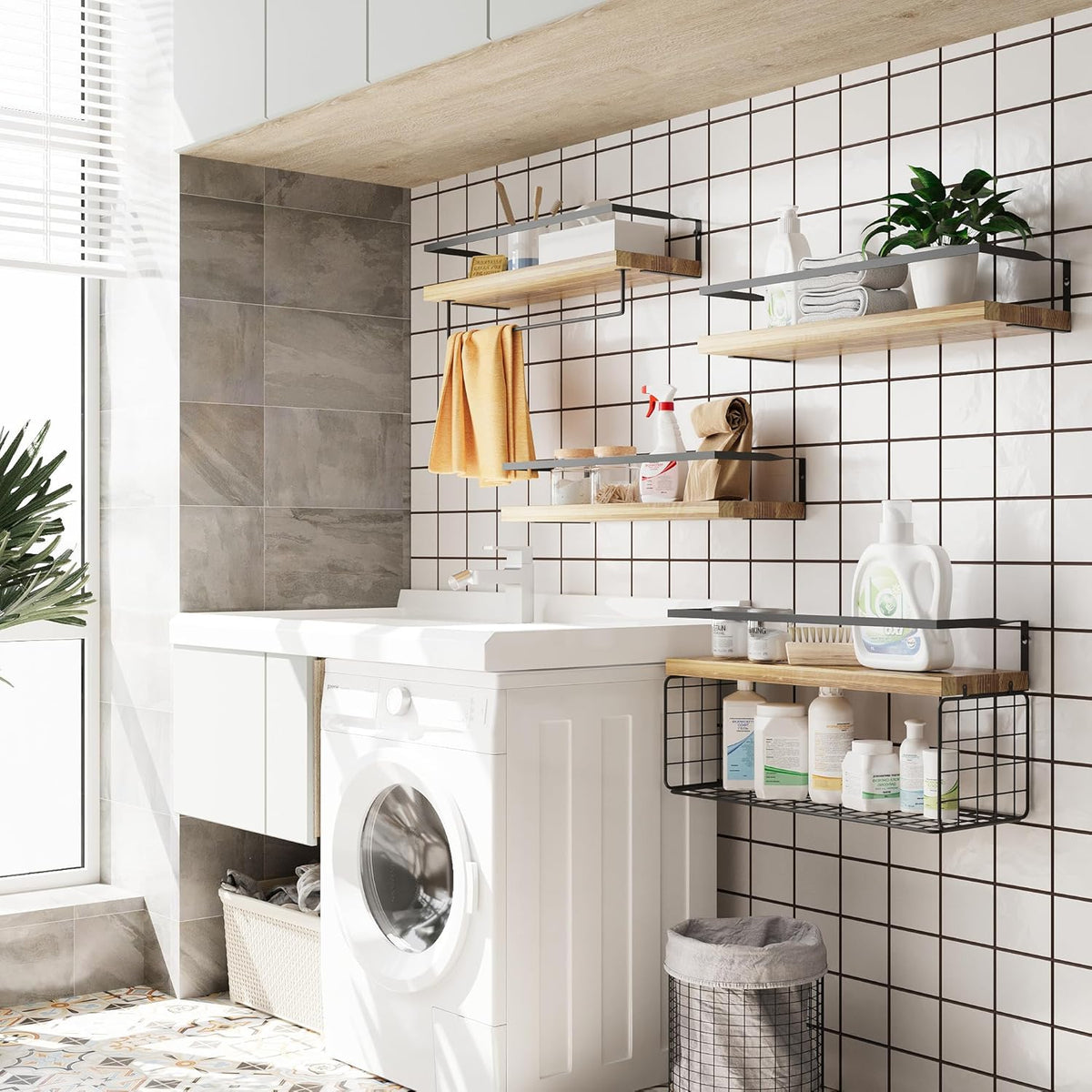 Wood Floating Shelves - 4-Tier Rustic Wall Mounted Shelves with Wire Basket & Towel Bar | Farmhouse Decor
