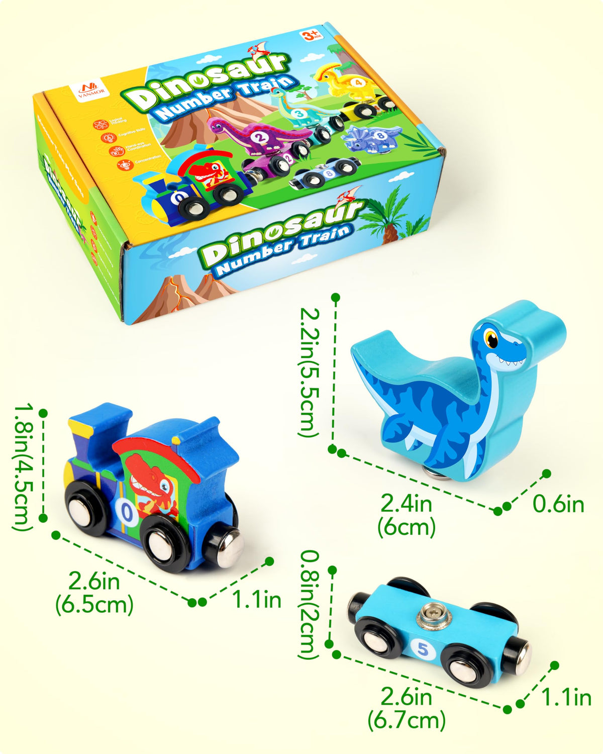 Vanmor Wooden Dinosaur Train Set for Toddlers - Magnetic Dinosaur Toys and Number Train, Montessori and Educational Toys Preschool Learning Activities for Kids, Birthday Gifts for Boys, Girls