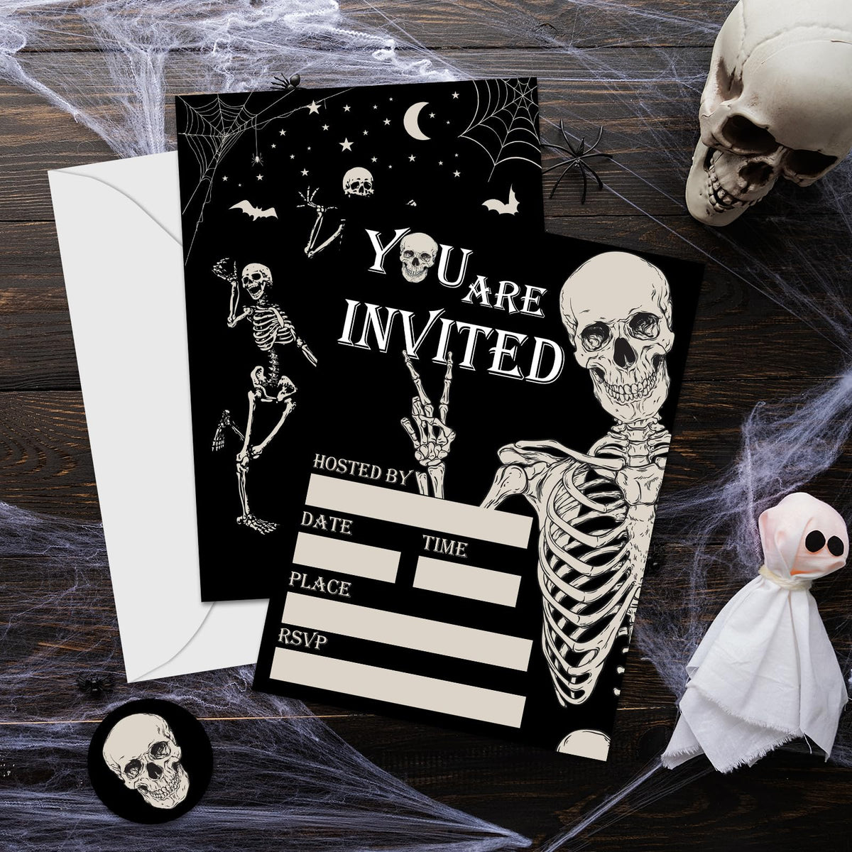 Whaline 25 Sets Halloween Invitations with Envelopes Stickers Black Dancing Skeleton Invitation Cards Blank Invites for Birthday Party Supplies, 5 x 7 Inch