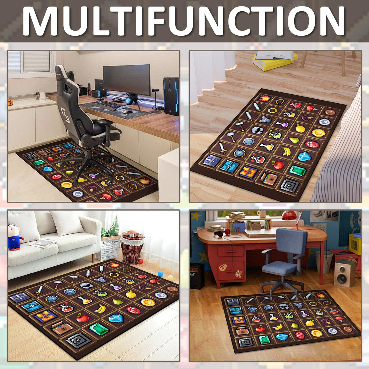 DRVAKO Game Rug Teen Boys Carpet with Pixel Games Element Items Decoration Mat, Weapon Medical Game Rugs for Boy’s Bedroom Living Room Playroom, Non-Slip Children Gaming Area Rugs (Brown, 63" x 47")