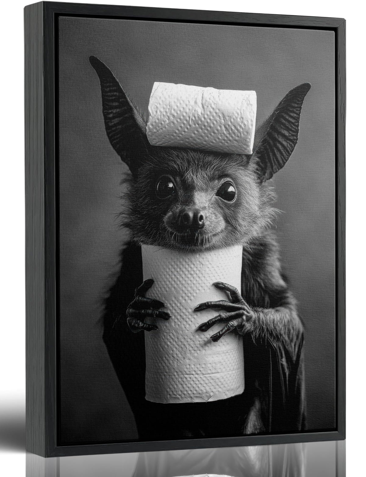Funny Bat Bathroom Framed Wall Art, Black and White Cute Bat with Toilet Paper Wall Decor, Humorous Animal Bathroom Canvas Print for Restroom, Powder Room, Toilet, Home Decoration 8x10 Inch