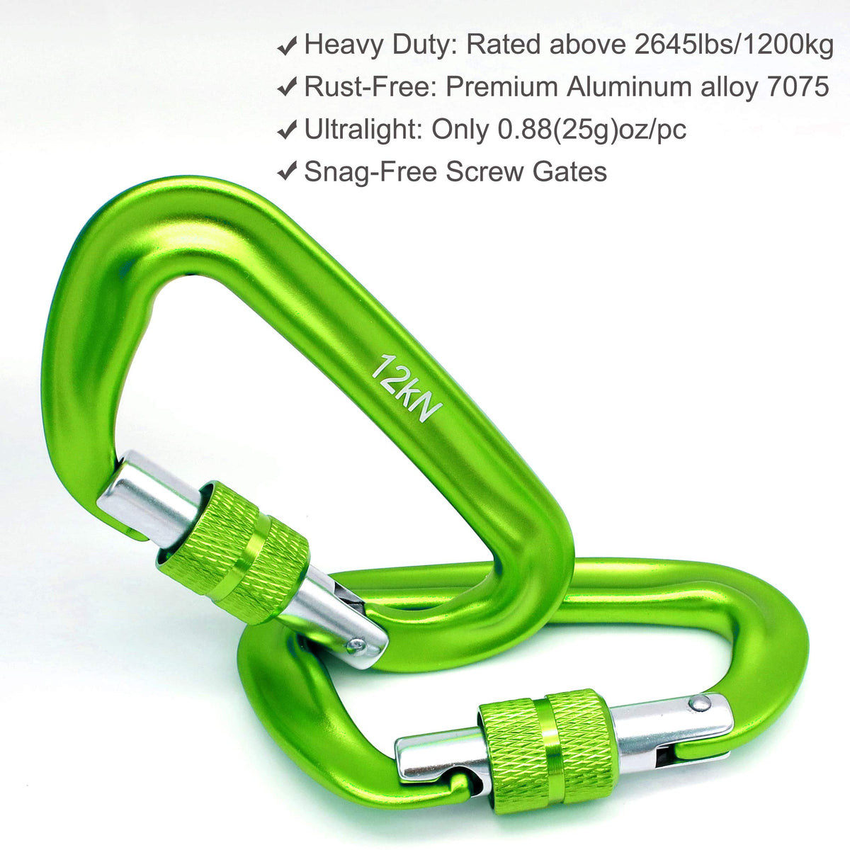 Outmate 12kN 3.2"x2" Heavy-Duty Carabiner Clips - Durable, Lightweight Aluminum Alloy Carabiners for Hiking, Camping, Keychains, Dog Leashes, Hammocks & More(Screw gate,2 Grass Green)