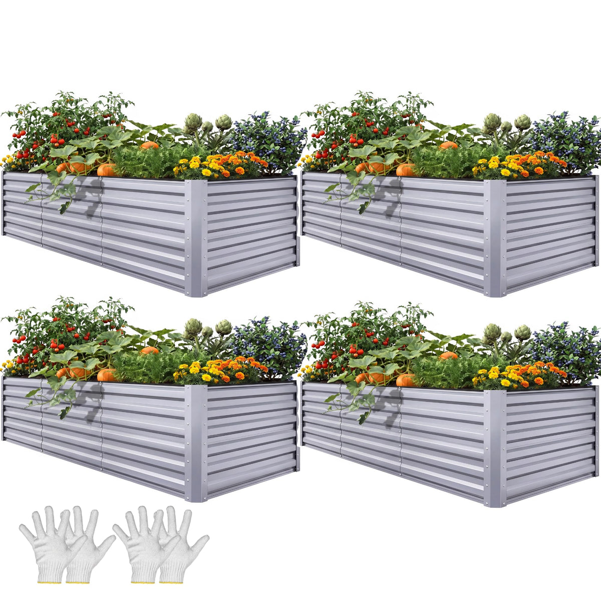 YITAHOME 8x4x2 ft 4pcs Galvanized Raised Garden Bed Kit, Large Metal Planter Box with Gloves, Safety Rubber & Support Rod, Outdoor Flower Bed for Plants Vegetables, Silver