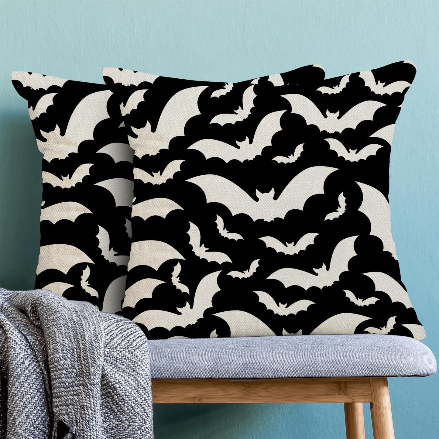 AEIOAE Halloween Pillow Covers 18x18 Inch Set of 2,Black and Cream Bats Throw Pillows Case,Halloween Outdoor Decorative Linen Farmhouse Decor Cushion Covers for Home Sofa Bed Couch