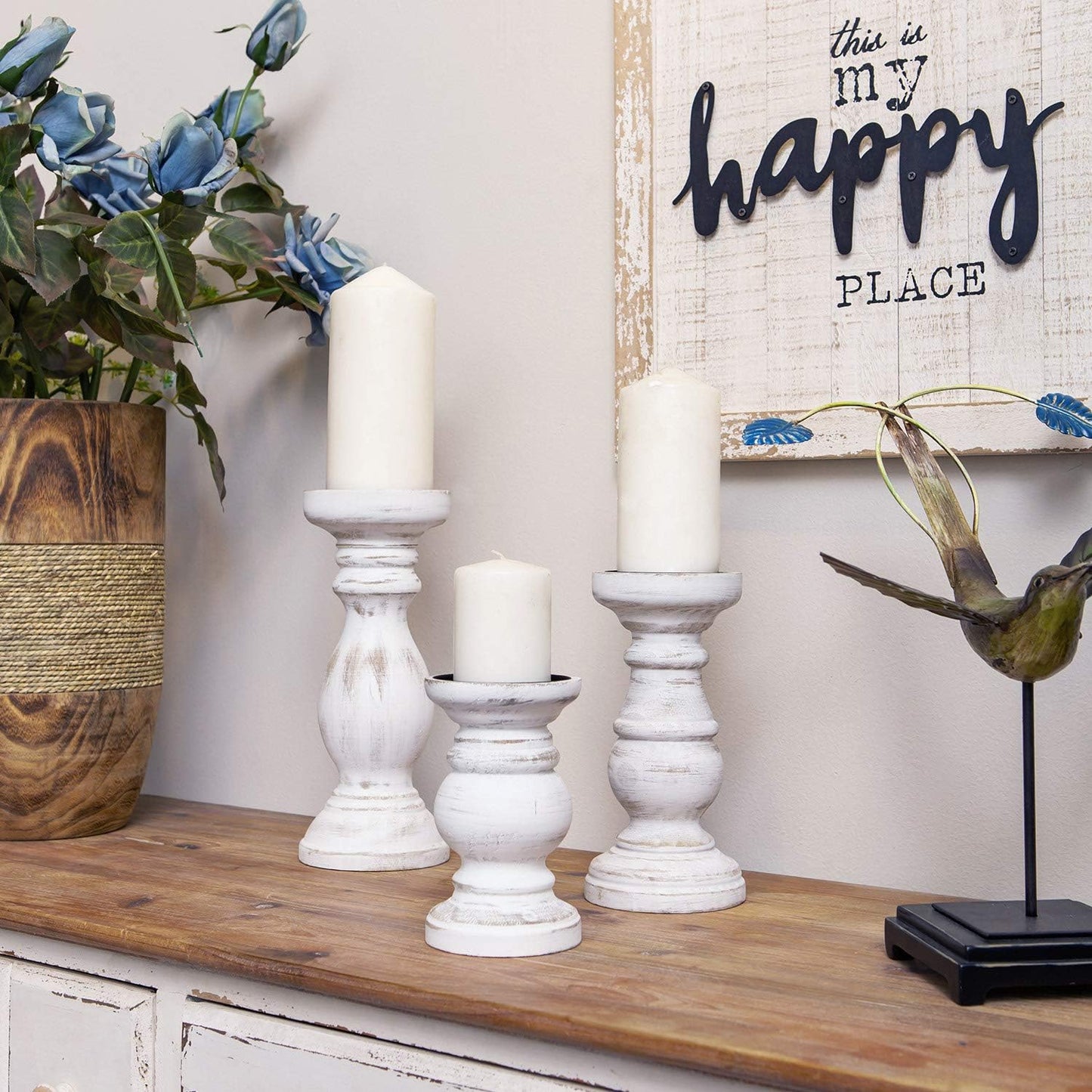 NIKKY HOME Rustic Pillar Candle Holder Set - Farmhouse Wood Stand for Mantle & Dining Table, Distressed White