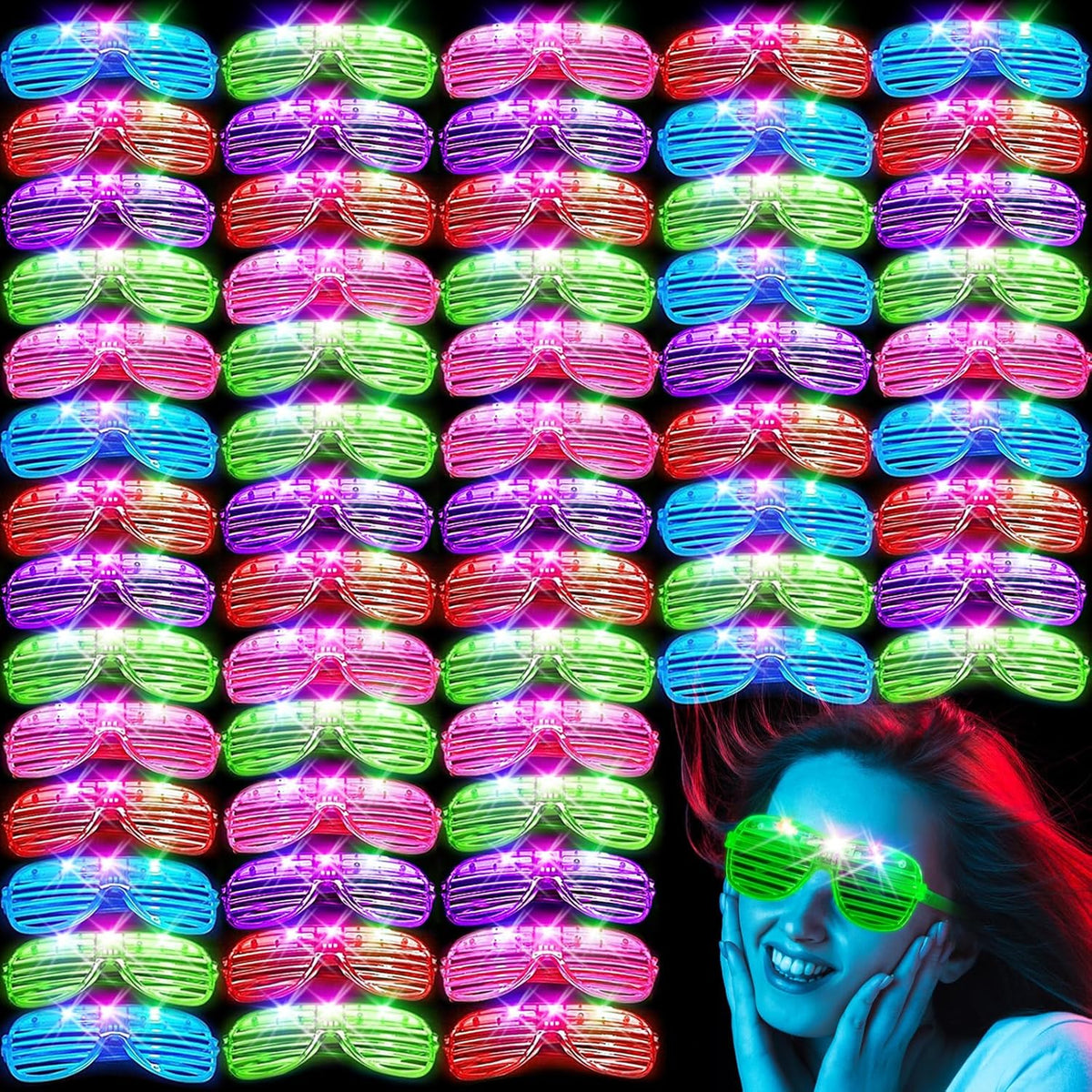 SHQDD LED Glasses - 64 Pack Light-Up Neon Sunglasses in 5 Colors | Glow in the Dark Party Accessories
