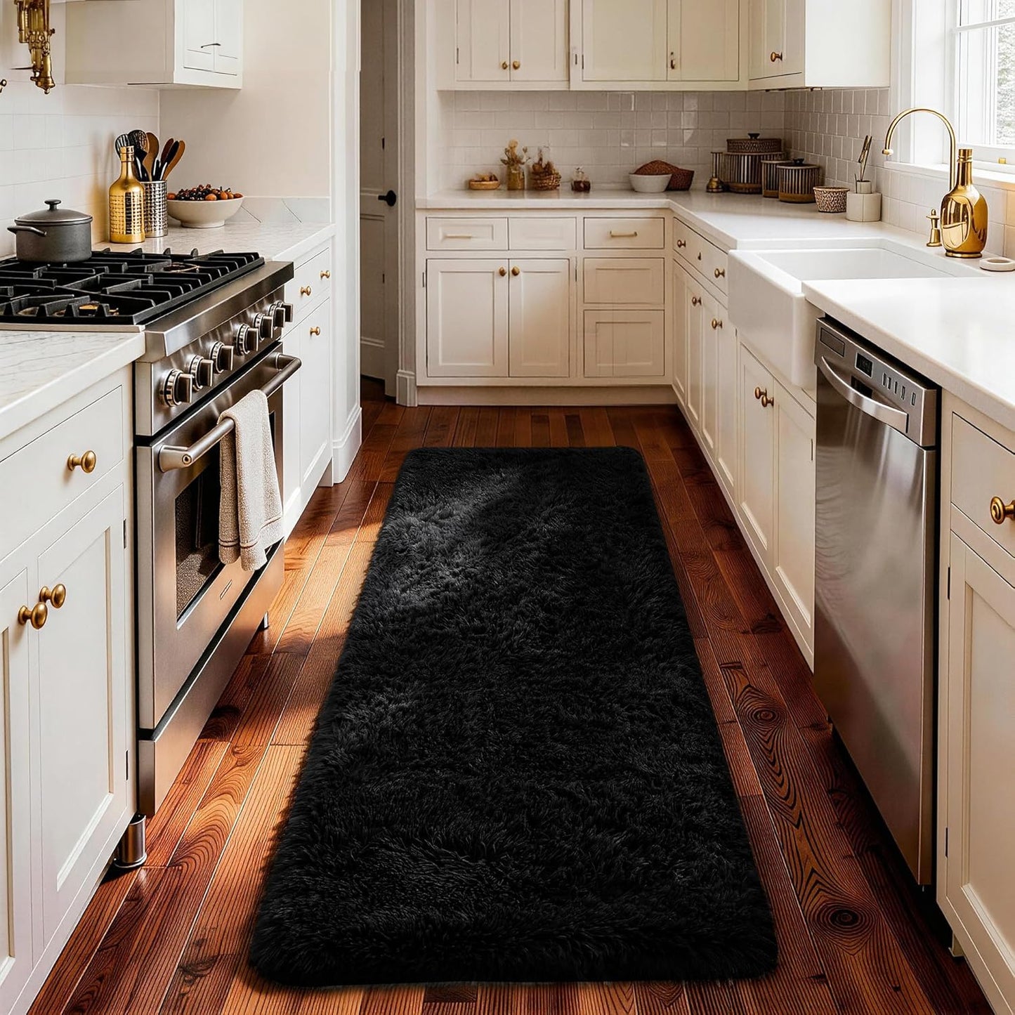 Ophanie Runner Rug - Non-Slip Fluffy Shaggy Carpet for Hallway | 2x6 Black Bedroom Decor