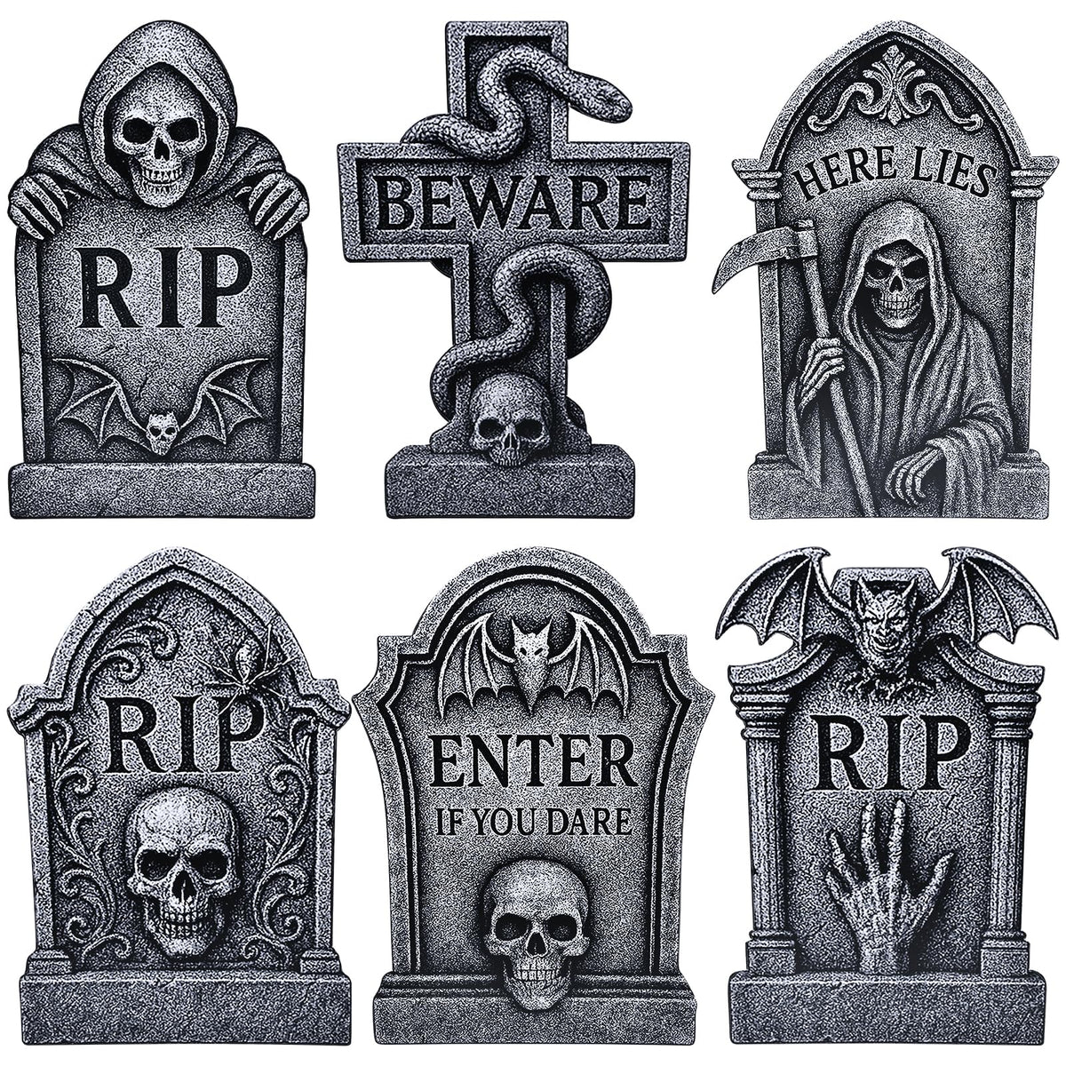 6 Pack Halloween Yard Signs Tombstone Set – 15 x 10 Inch Large Plastic Graveyard Decorations with Stakes, RIP Skull and Skeleton Tombstones for Lawn, Outdoor Haunted House and Party Decor
