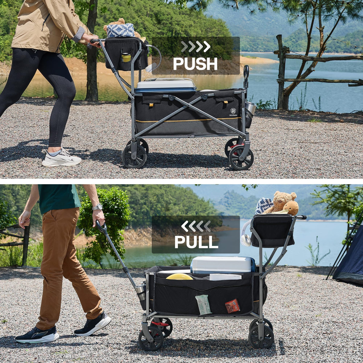 EVER ADVANCED Collapsible Push & Pull Shopping Cart with Wheels & Brakes, Foldable Wagon for Groceries with Practical Basket, Side Pockets & Cup Holders, Beach Utility Rolling Cart for Camping, Black