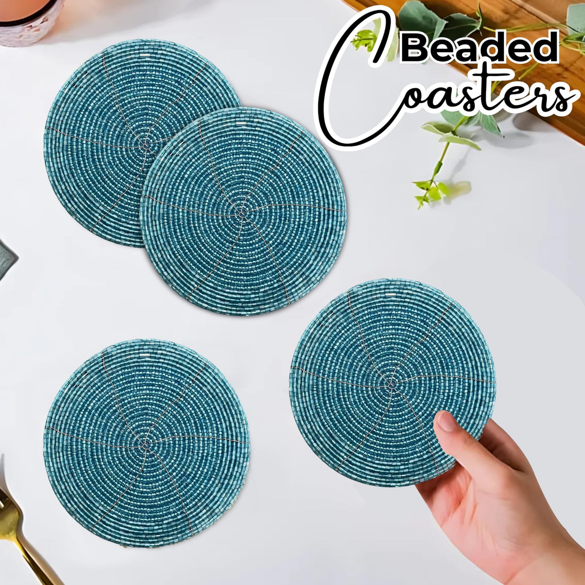 Handmade Beaded Bar Drink Tabletop Protection Coasters - Set of 4 - Halloween Harvest Autumn Fall Thanksgiving Holiday Christmas Xmas Celebration Festive Party 4" Round - Teal