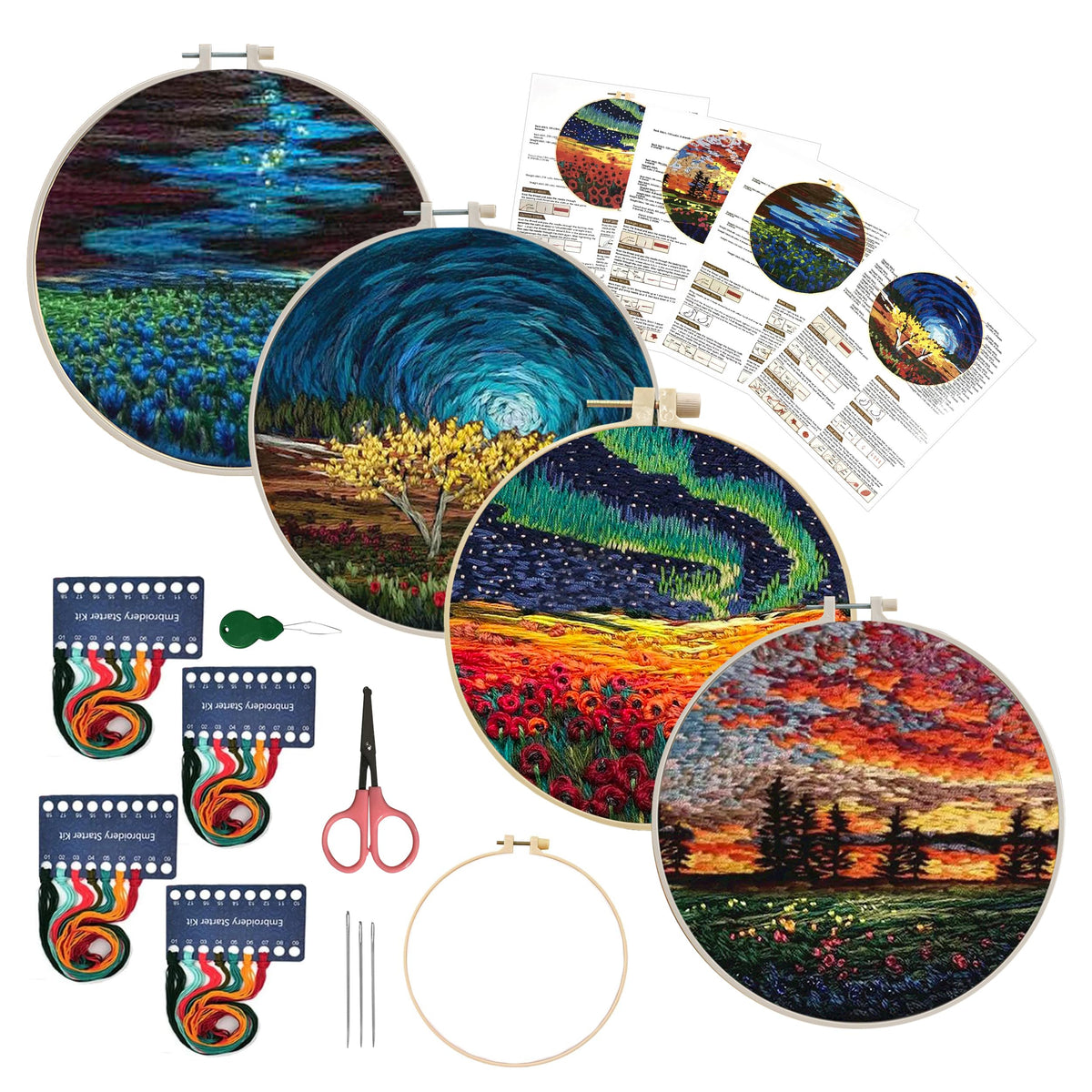 Maydear 4 Pack Embroidery Starter Kit with Pattern, Stamped Cross Stitch Kits for Beginners Adults with Embroidery Hoop and Instructions, Hand Embroidery Kit (Embroidery kit flower2)