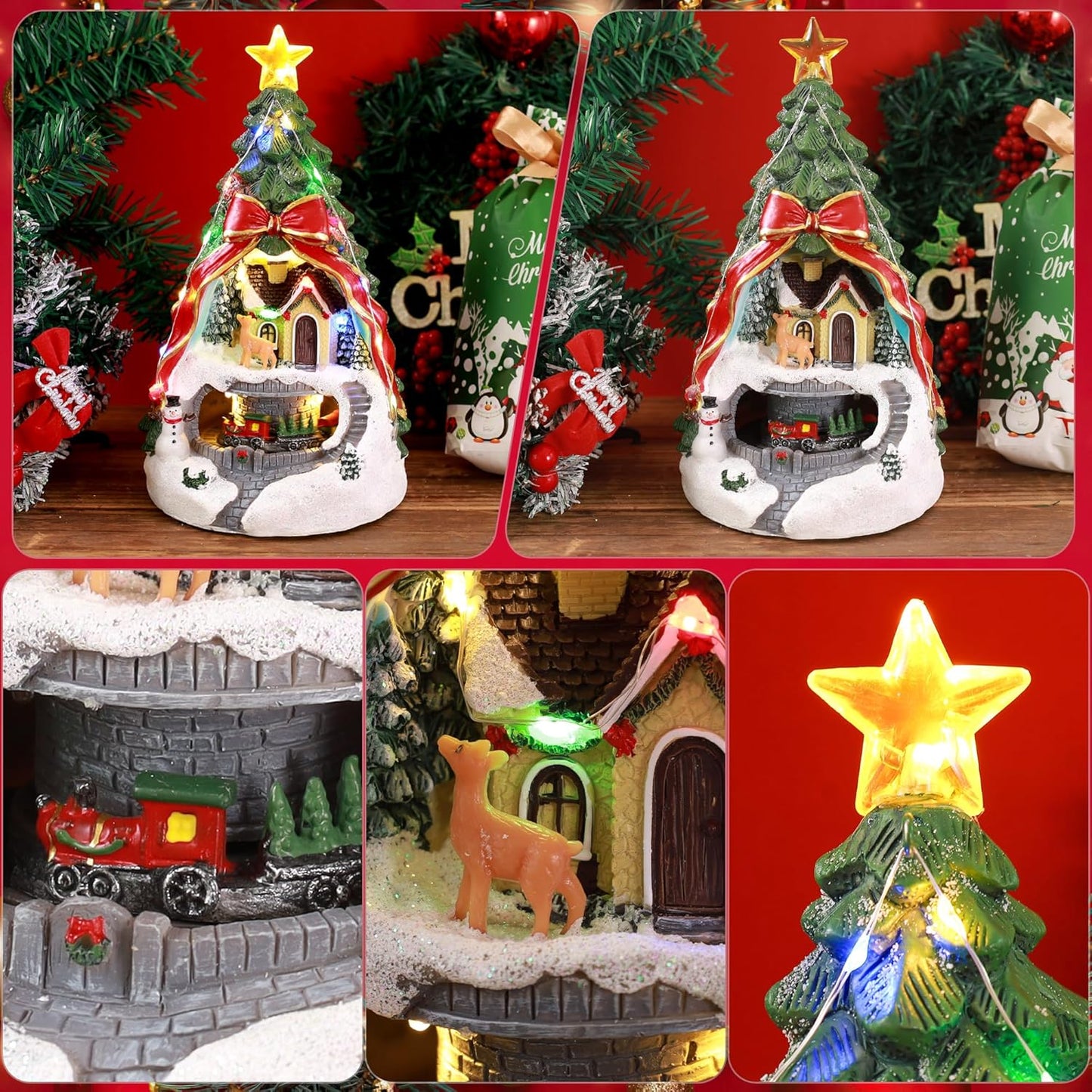 Musical Christmas Village with Spinning Train & Deer | Pre-Lit Artificial Tree - Battery & USB Operated