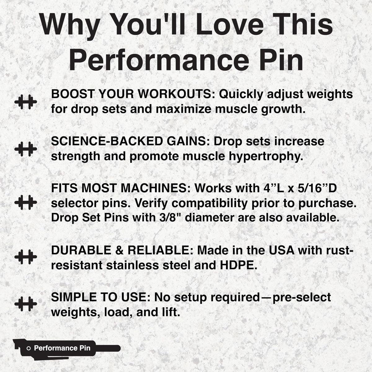 PERFORMANCE PIN The Original Drop Set Pins for Gym | One More Rep with Weight Stack Pins | Instant Transition to Lower Weights for More Reps | Proudly Made in America | 5/16" Pin | Black