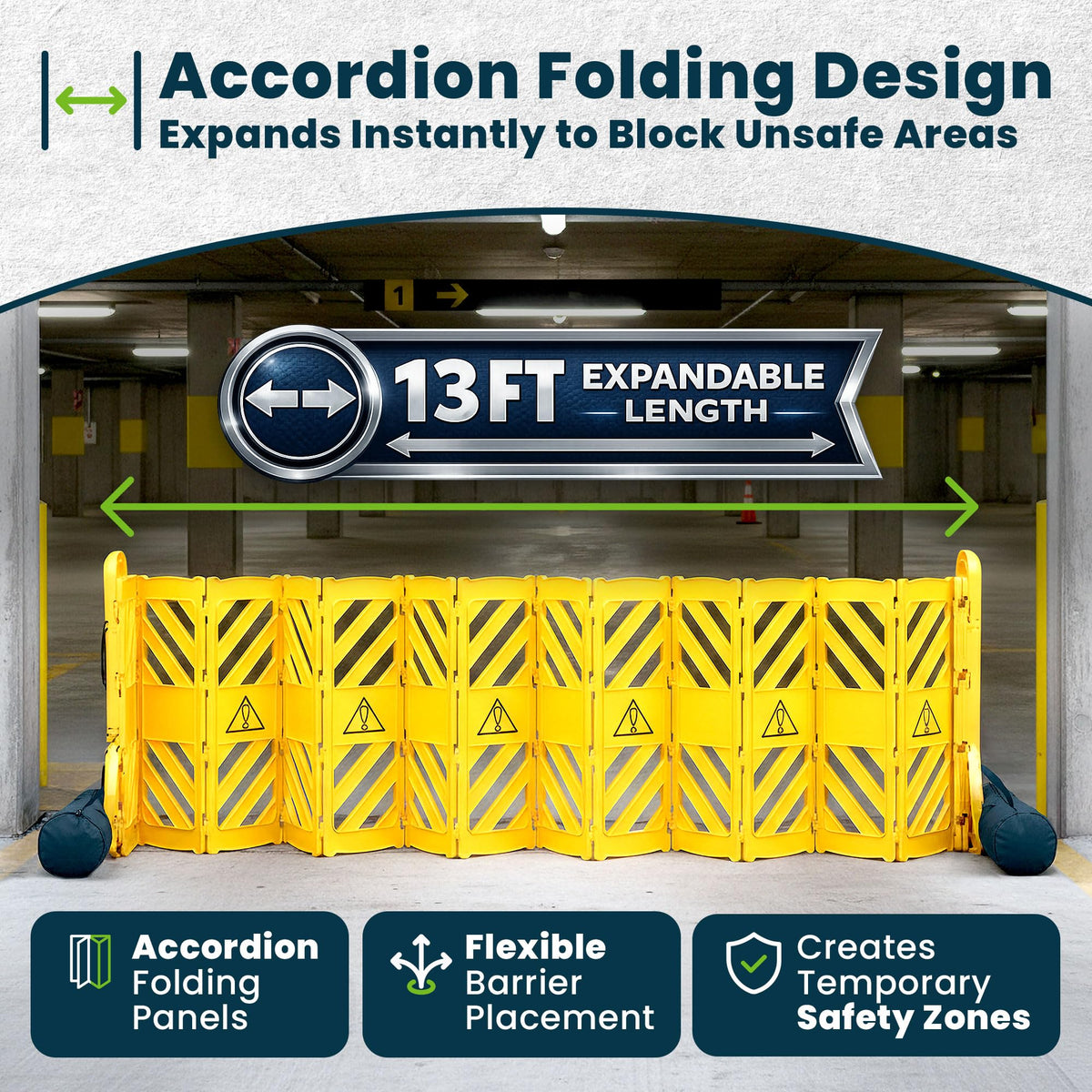 Alpine Commercial Safety Barriers, 13 Foot Expandable Mobile Barricade System - Folding Portable Barrier, Traffic Barricade Fence, Plastic Barricade for Construction, Traffic Control, Driveway Gate