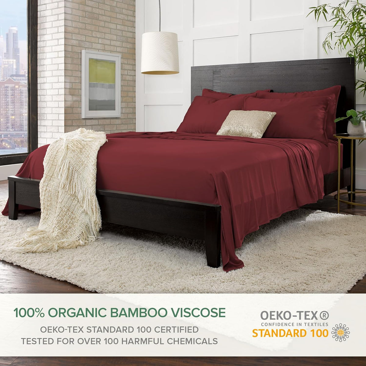 Pure Bamboo Full Bed Sheet Set - 100% Organic Viscose, Luxuriously Soft & Cooling | Merlot Color, Double Stitching
