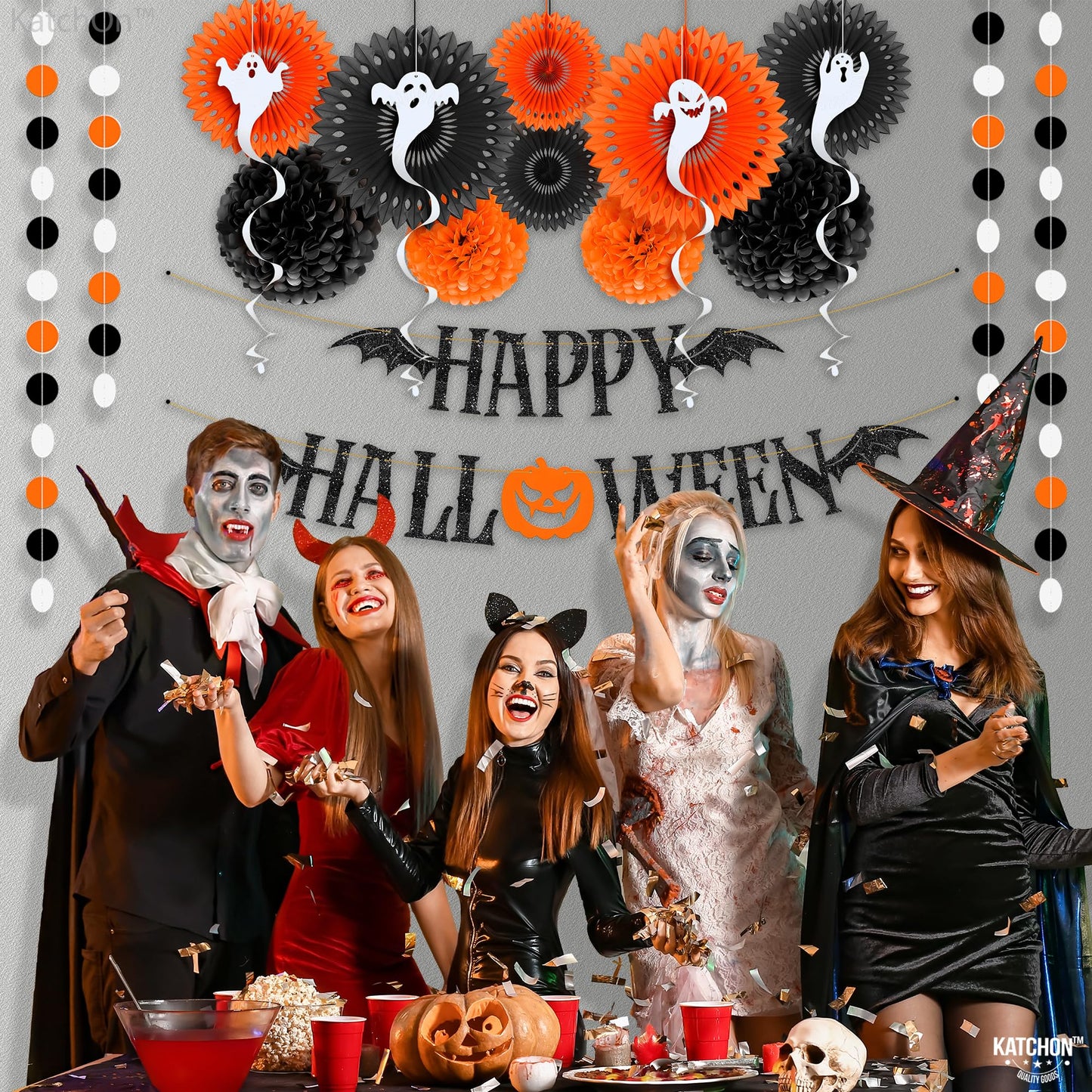 KatchOn, Halloween Banner & Fringe Set-Pack of 23 | Paper Fan Glittery Happy Halloween Garlands, Ghost Hanging Swirls with Burgundy Black and Silver Foil Fringe Curtains | Perfect for halloween Party