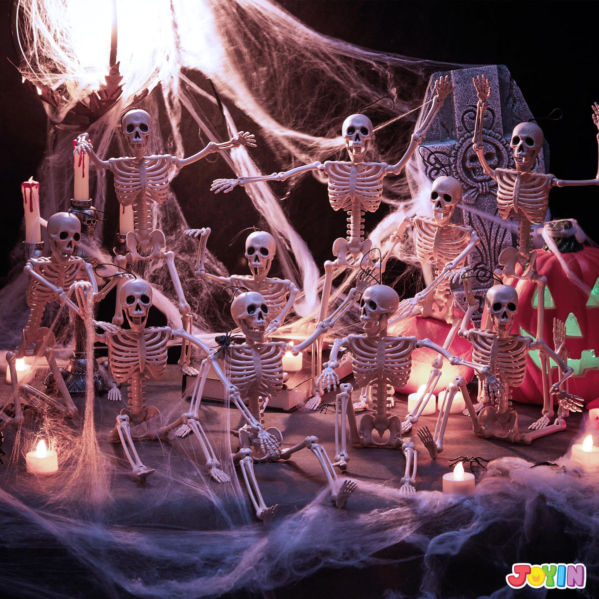 JOYIN 10 PCS 16" Halloween Skeleton Decor, Full Body Stayable Movable Joints, Posable Hanging Skeletons for Halloween Decoration, Yard, Graveyard, Haunted House Props, Spooky Scene Party Favor