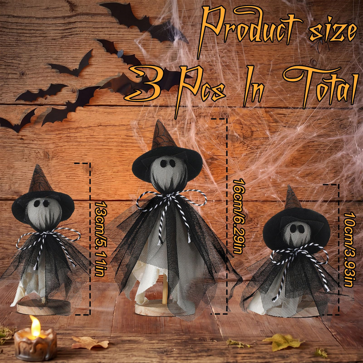 Redbaker 3 Pcs Halloween Decorations Indoor Primitive Halloween Ghost with Witch Hat on Wood Stand Spooky Ghost Tiered Tray Decor Rustic Table Centerpiece for Home Office Mantel Shelf (Black, Gothic)