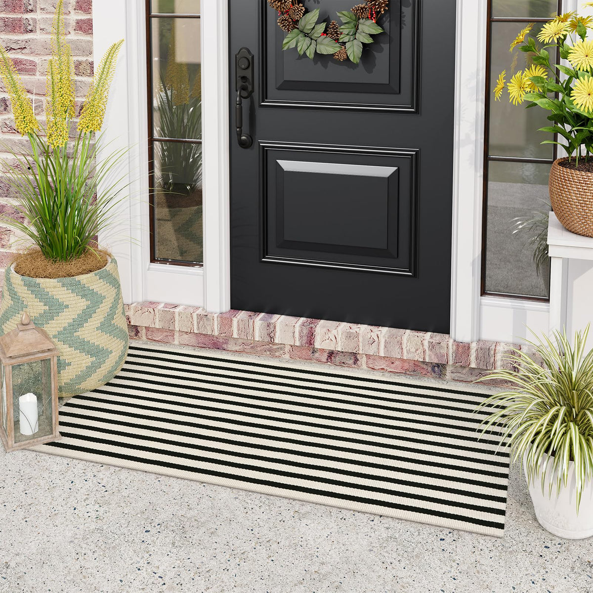 Black and White Outdoor Rug, 2x4.3 Striped Front Door Rug Cotton Hand-Woven Reversible Entryway Rugs Welcome Layered Doormat Porch Rugs for Entrance Decor Farmhouse Kitchen