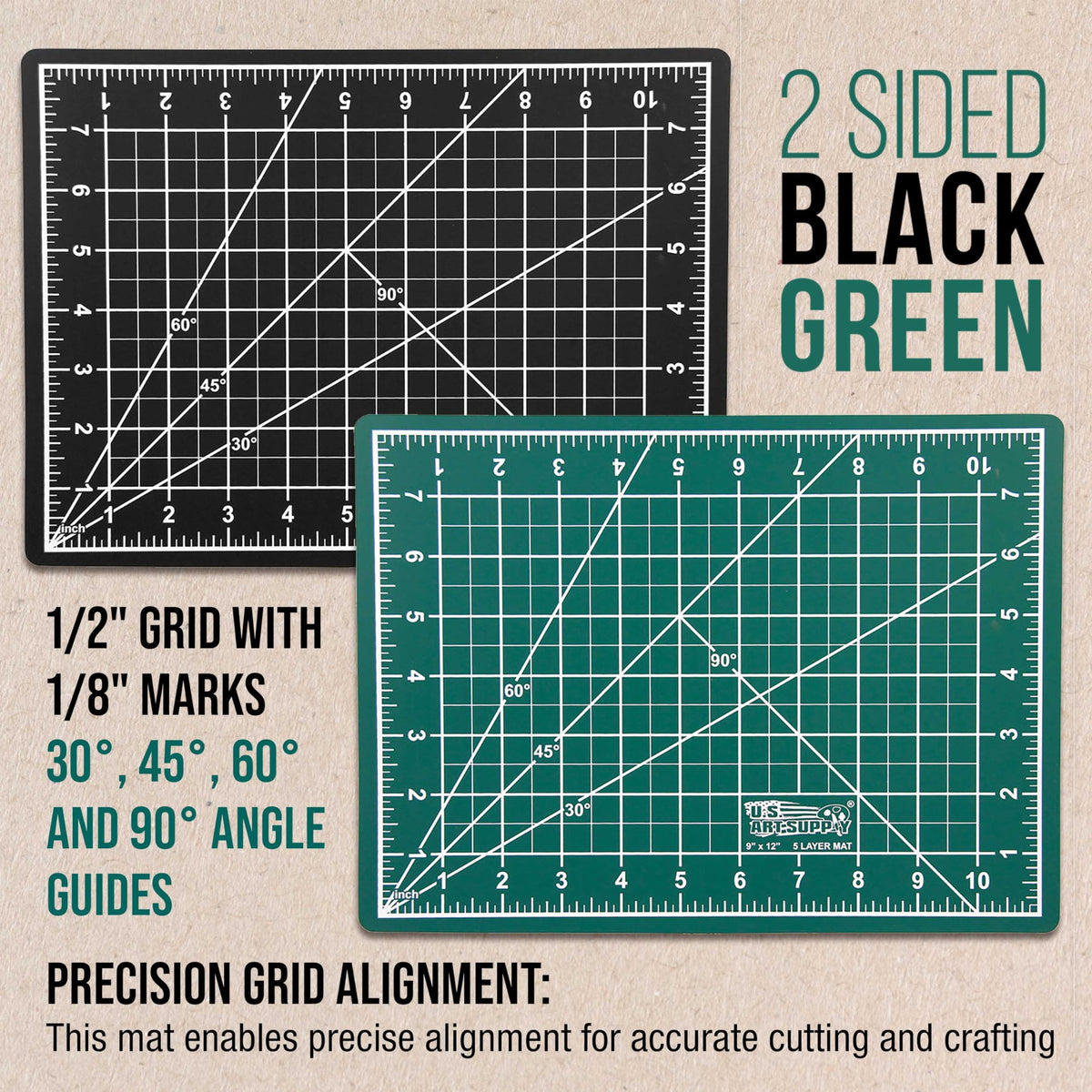 U.S. Art Supply 9" x 12" Self-Healing Cutting Mat 5-Ply (2 Pack) - Double-Sided Green/Black Craft Mat, Non-Slip Cutting Mats for Crafts, Sewing, Quilting, Scrapbooking