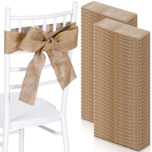 SmoothNovelty 24 Pcs Burlap Chair Sashes for Wedding Natural Jute Bow Ribbon Ties for Rustic Country Wedding Decoration Farmhouse Vintage Party Reception Birthday Anniversary Banquet, 3.9inch x 7.87ft
