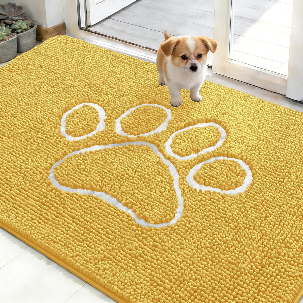 OLANLY Dog Door Mat - Absorbent Non-Slip Muddy Paws Mat | Quick Dry Chenille, 48x30, Yellow