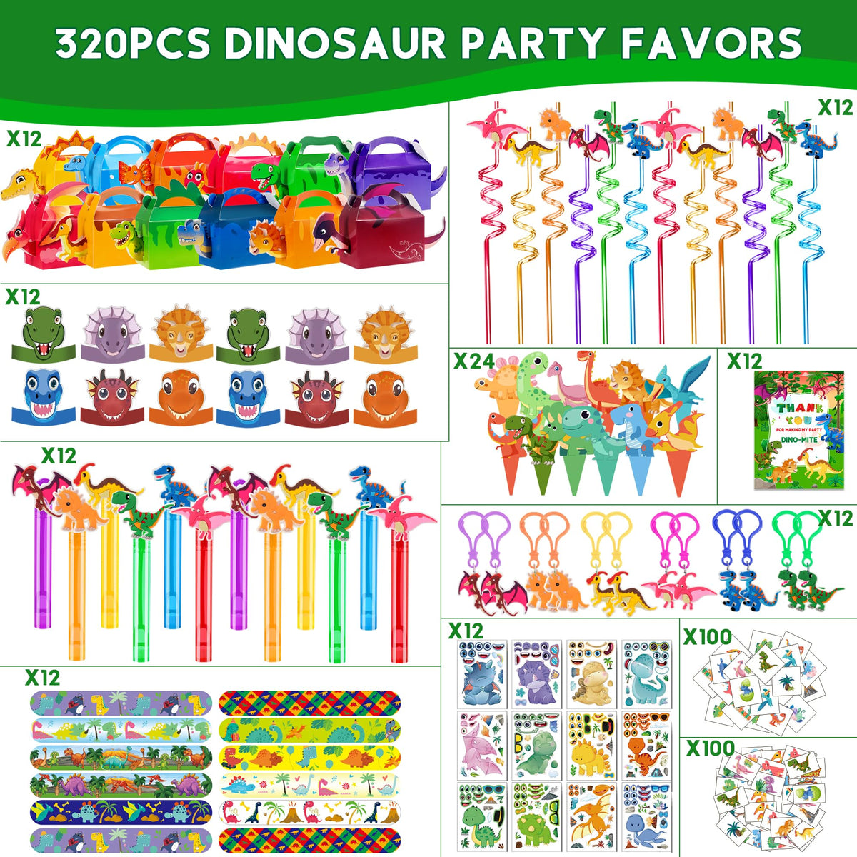 PLOUGVI 320PCS Dinosaur Birthday Party Decorations Favors Supplies, Dino Goodie Bags Fillers Stuffers for Kids Birthday Gifts
