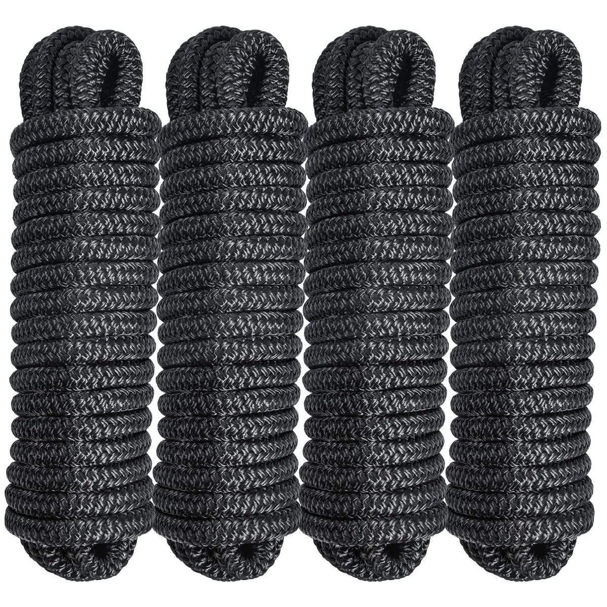 4 Pack 1/2" x 25’ Boat Dock Lines for Boat & Pontoon, Premium Marine- Grade Double Braided Nylon Dock Line, Pre-Spliced with a 12" Eyelet-Black,Boating Gifts for Men