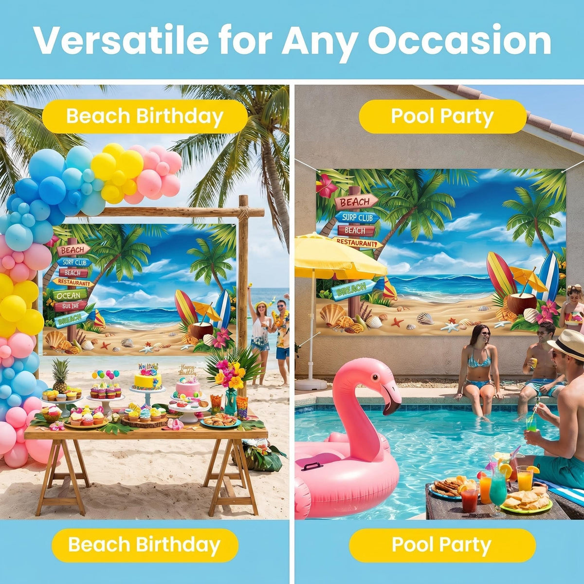Photo Booth Backdrop and 30Pcs Props, 5x3 ft Aloha Themed Backdrop for Luau Party Decorations, Non-Reflective Surfboard & Tropical Leaf Backdrop for Pool Party, Beach Birthday Backdrop