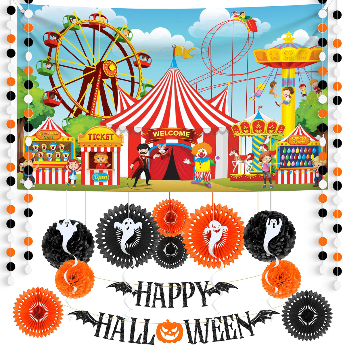 Halloween Party Decoration Set - Pack of 17 and XtraLarge Carnival Backdrop - 72x44 Inch | Halloween Pompom, Happy Halloween Garlands, Halloween Party Decorations | Halloween Carnival Decorations