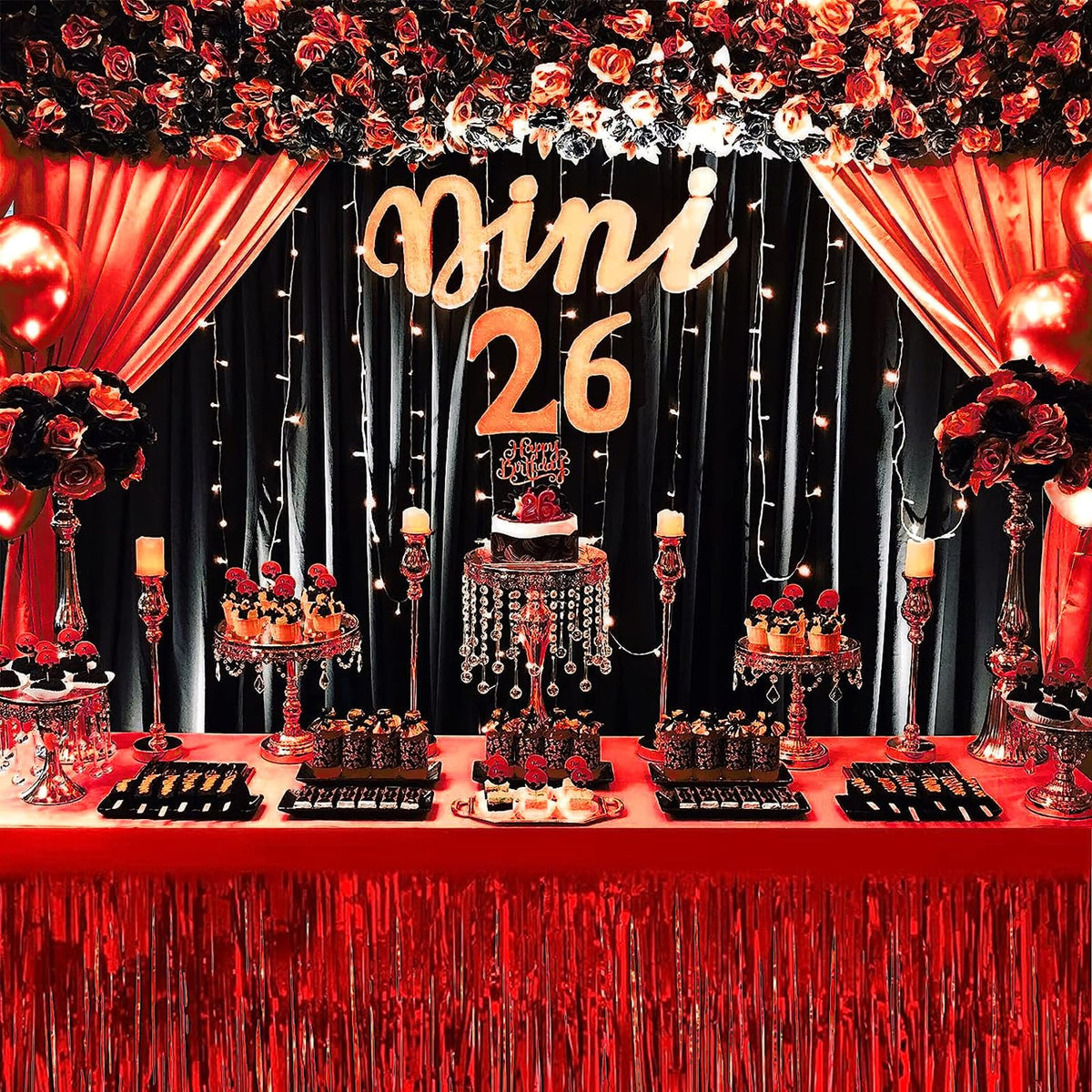 6 PCS Red Metallic Foil Fringe Tinsel Table Skirts 9 Feet x29.5 Inch for Rectangle Tables, Tinsel Backdrop Curtains,Party Supplies,Wedding, Birthday, Parade Floats, Christmas Decorations