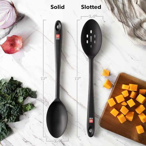 DI ORO Silicone Cooking Spoons - Heat-Resistant 600°F Non-Stick Utensils | Large Solid & Slotted (2pc, Black)