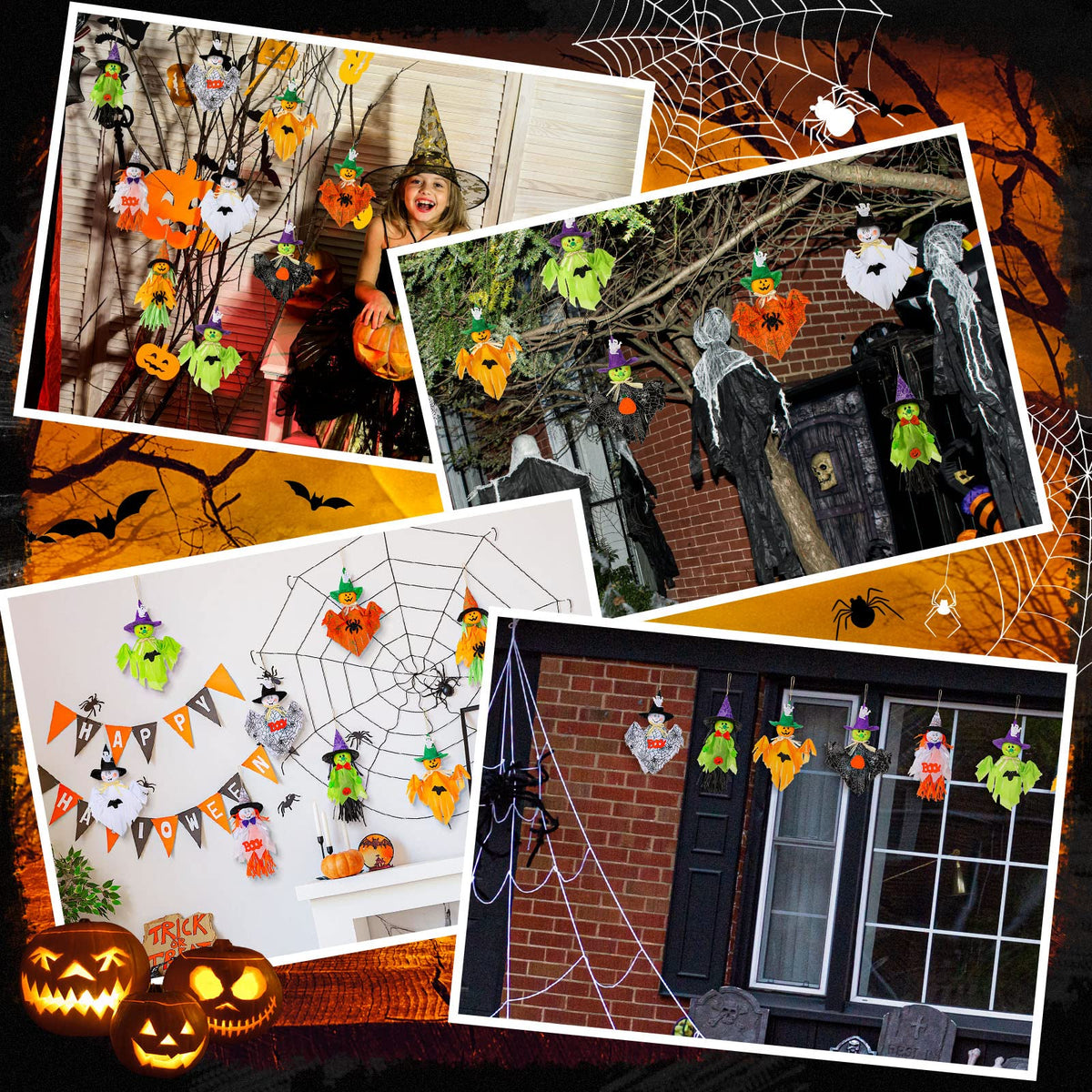 Zomiboo 9 Pack Halloween Decoration Hanging Ghost Pumpkins Decorations Tree Scary Pumpkin Witch Spider Bat Straw Windsock Pendant for Patio Lawn Garden Spooky Party