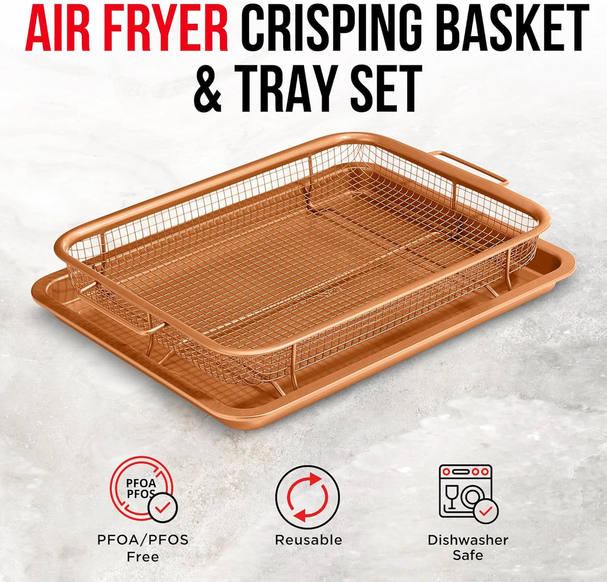 Bakken Swiss 2-in-1 Air Fryer Tray - Nonstick Copper Crisper Basket, Extra-Large 9.5"x13", Dishwasher Safe