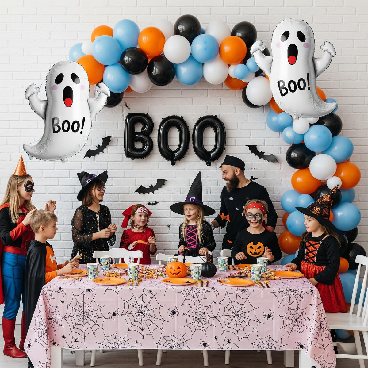 Halloween Balloon Garland Arch Kit - 114Pcs Black Blue Orange Balloons with Ghost Bat Boo Foil Balloons for A Little Boo Is Almost Due Baby Shower, Spooky Theme Indoor Outdoor Party Decorations