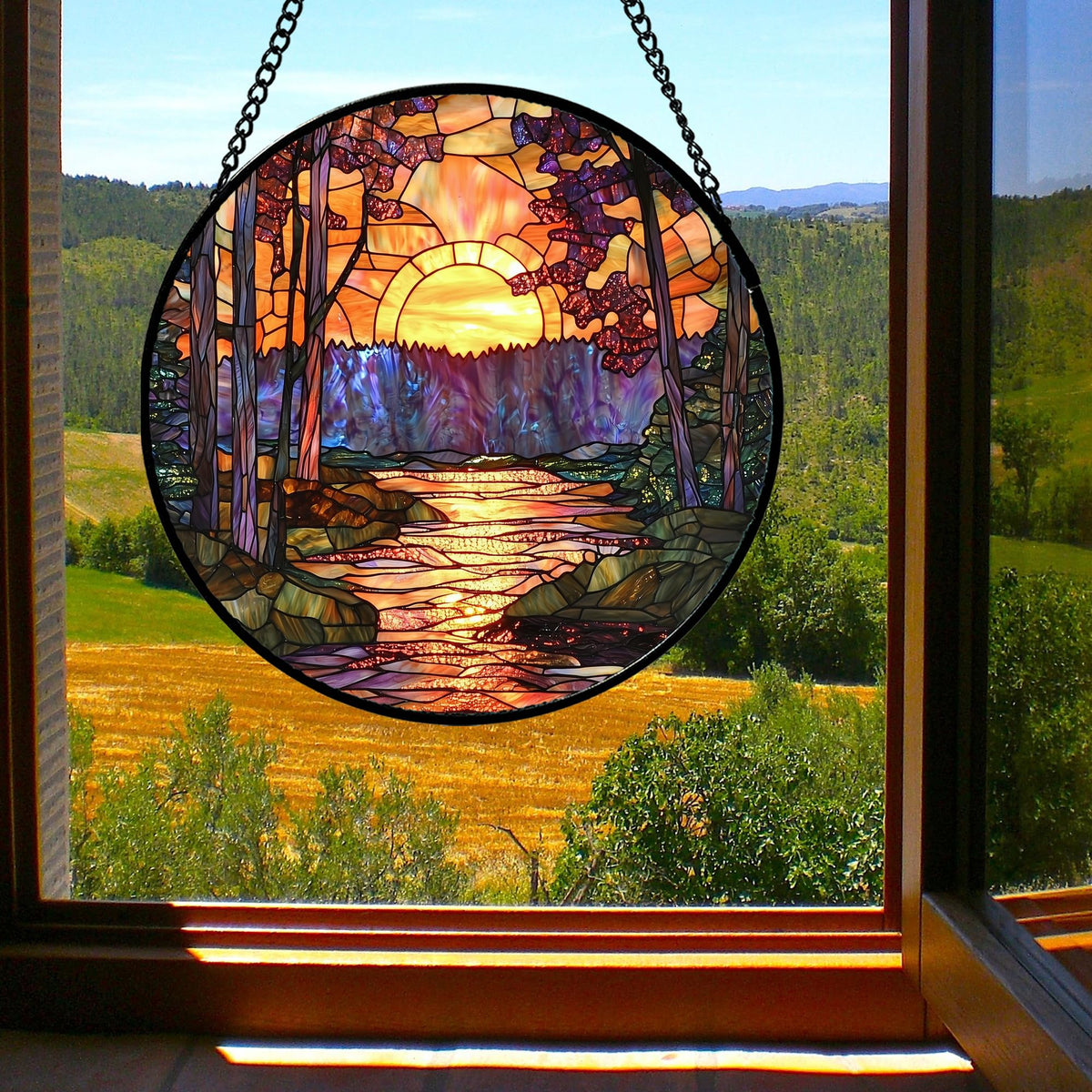 JOSUMALY Stained Glass Window Hanging, Orange Landscape Green Purple Lake Forest Suncatcher for Doors Window Home Sun Catchers Decor Mother's Day Birthday Gifts for Women Men Mom 9.8 in