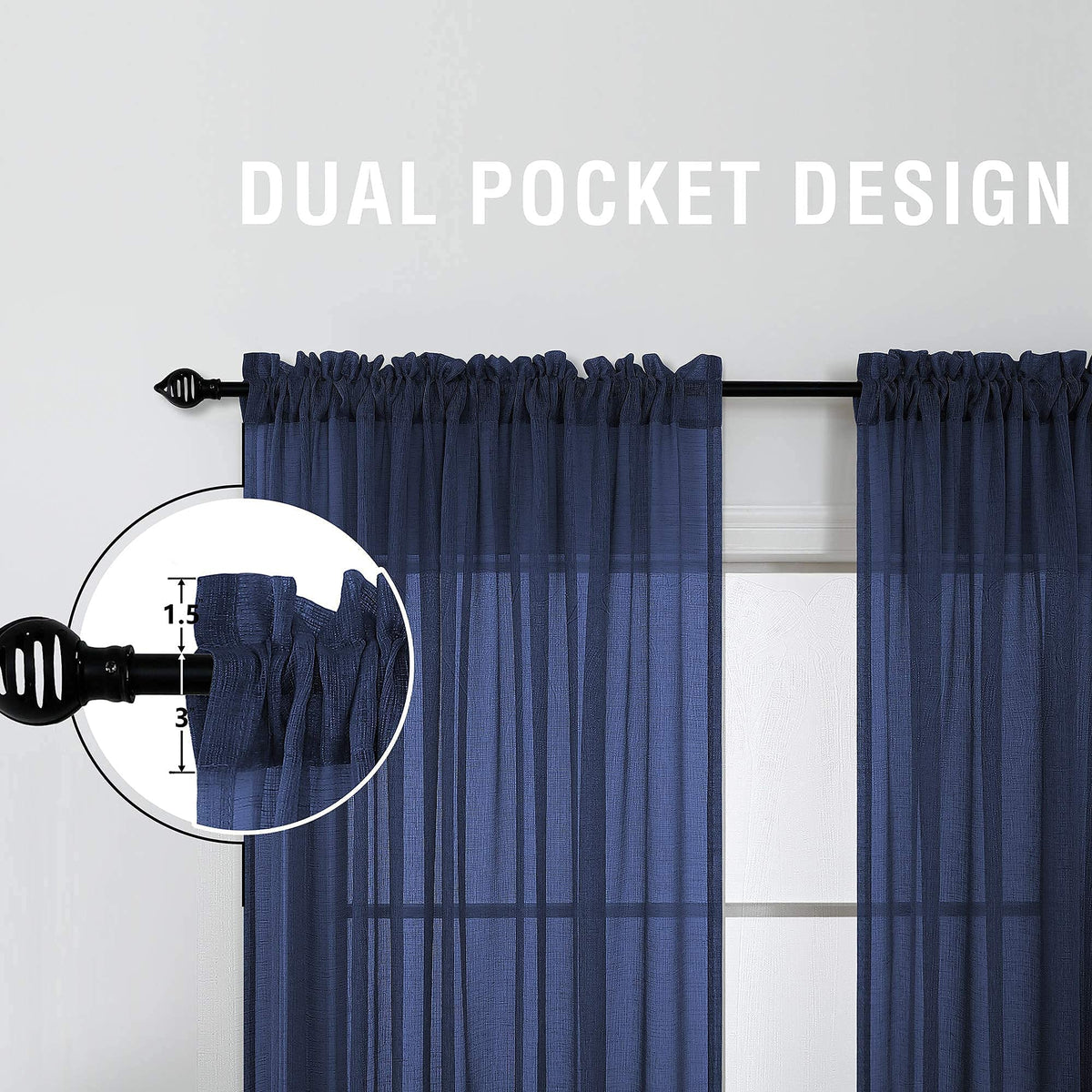 Navy Blue Window Curtains 96 Inches Long 2 Panel Set Rod Pocket Woven Textured Linen Look Voile Sheer Drapes for Living Room Village Apartment Cabin Garden Canopy Family Room Home Decor 52 Inch Width