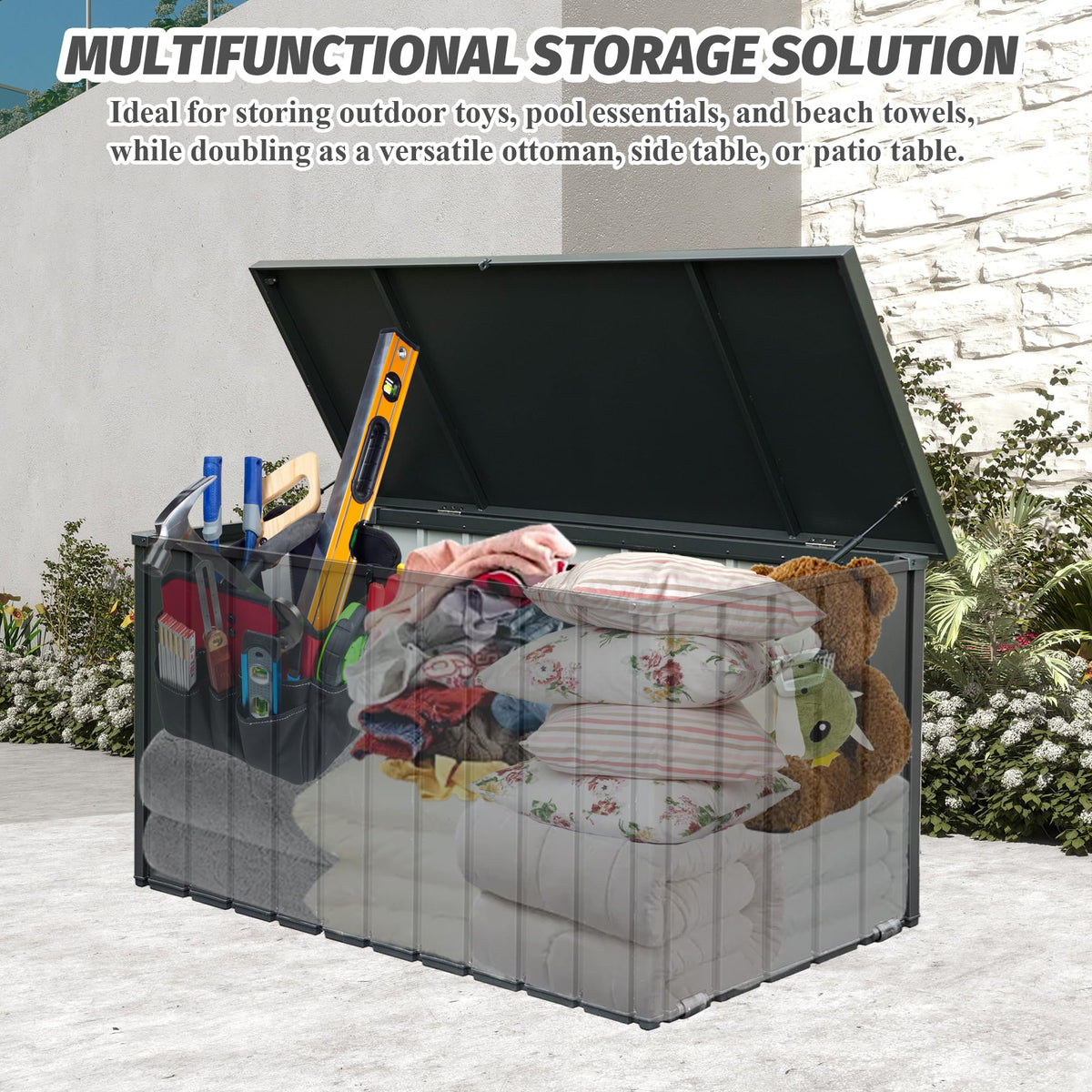Domi Deck Box 190 Gallon, Waterproof Lockable Steel Outdoor Storage Container for Outside Cushions, Garden Tools and Pools Equipment, Gray