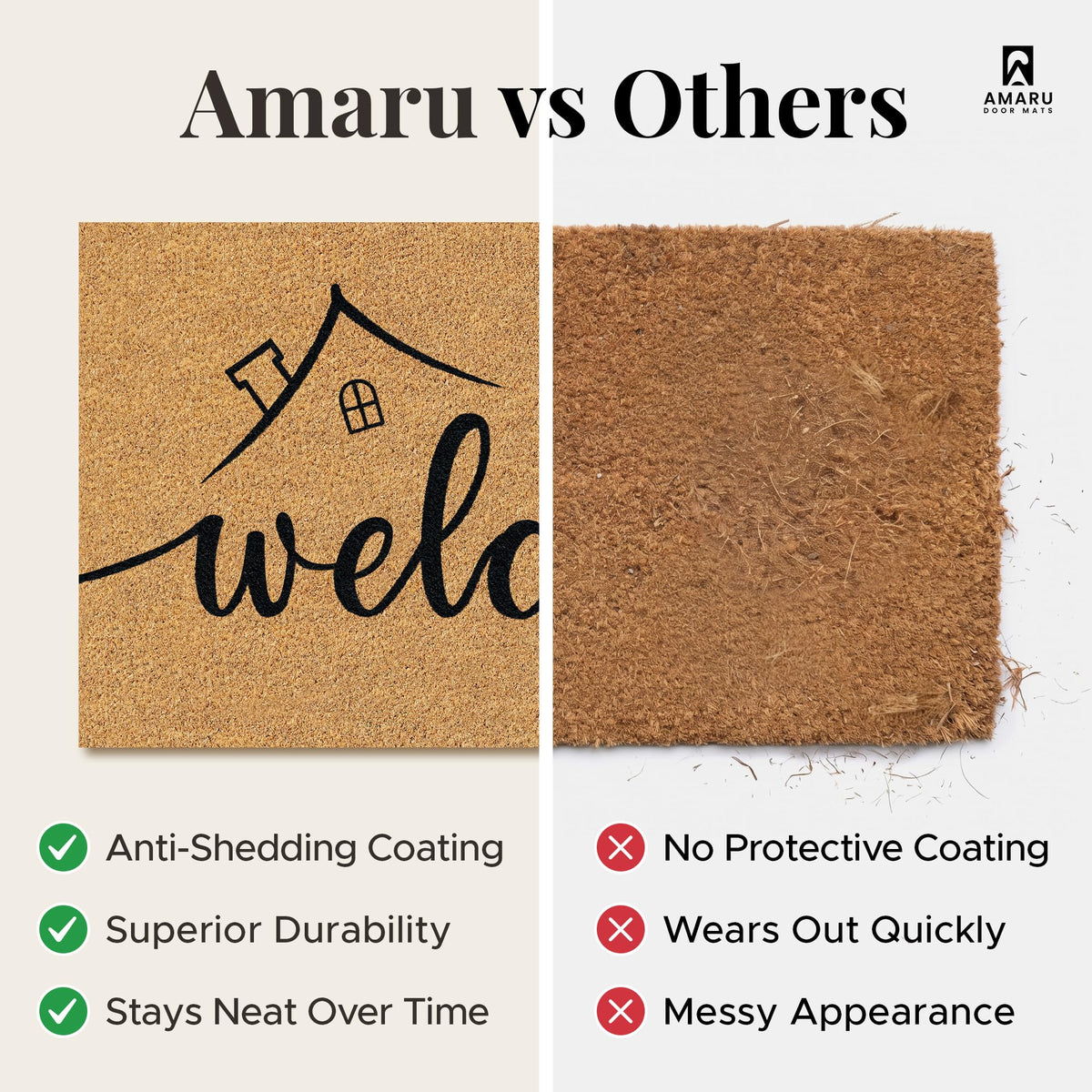 AMARU DOOR MATS - Natural Coir Door Mat, Minimal Shedding, Heavy Duty Non-Slip Welcome Mat for Front Door, Outside Entrance, Porch & Entryway (17x29, Welcome Paws)