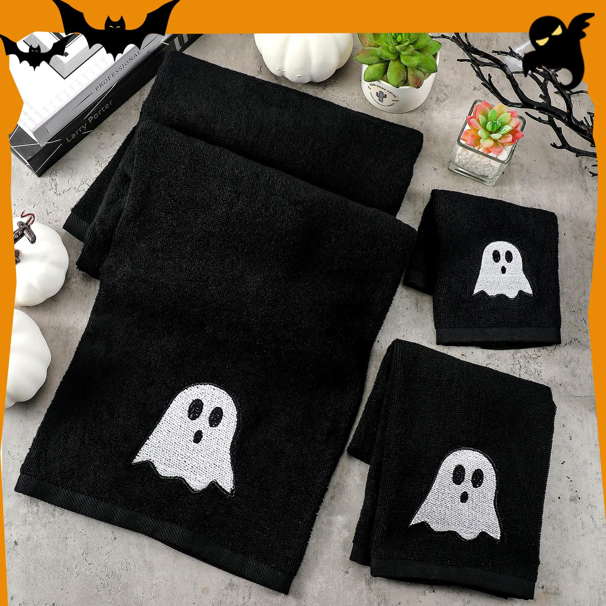 Peryiter 3 Pcs Beach Hand Towels for Bathroom Cotton Embroidered 1 Bath Towel 1 Hand Towel and 1 Wash Cloth Absorbent Bath Sheets for Bathroom Decor (Black,Halloween)