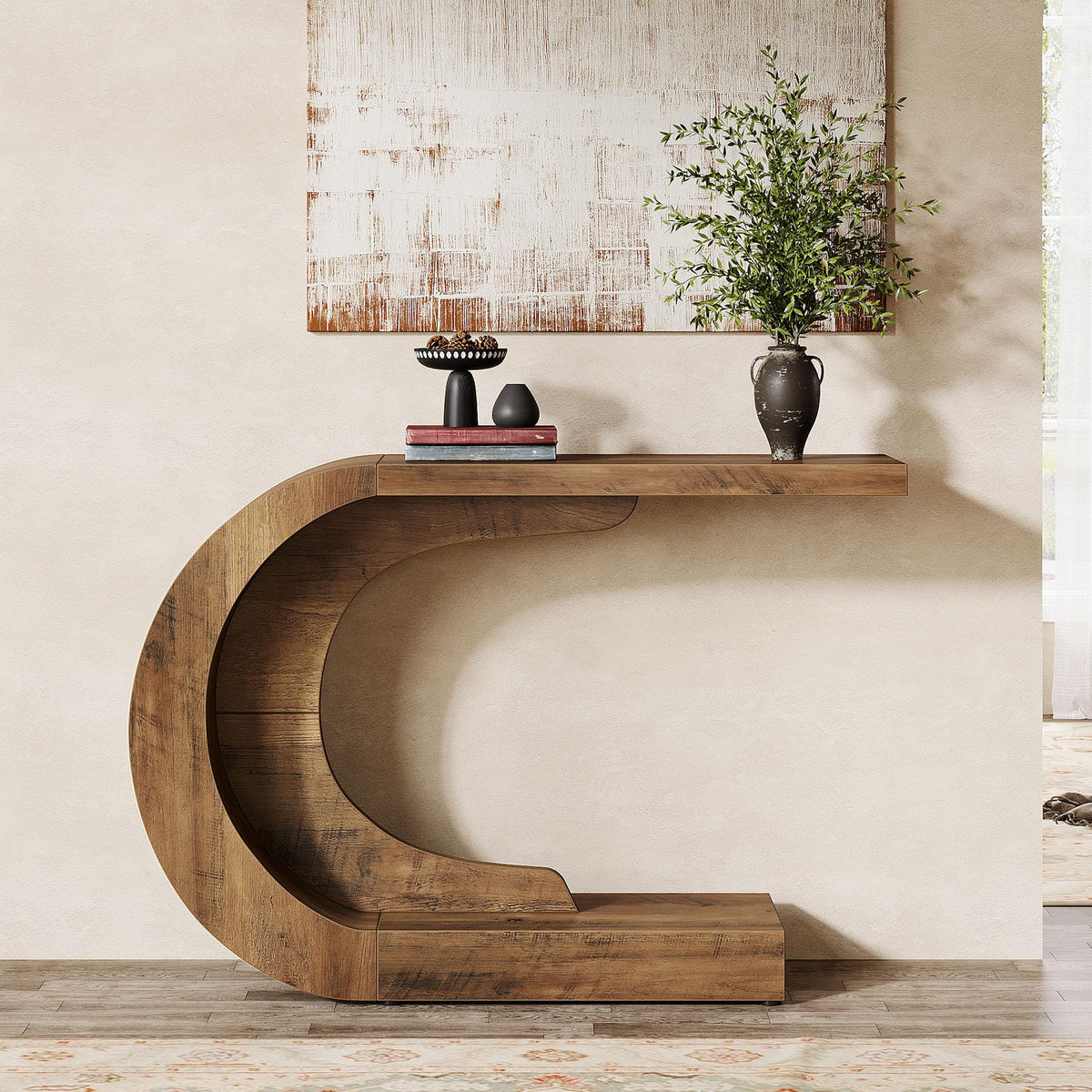 Tribesigns 43.3" Mid-Century Modern Console Table for Entryway, Wood C-Shaped Hallway Entry Accent Table for Living Room, Entrance, Foyer, Easy Assembly, Brown