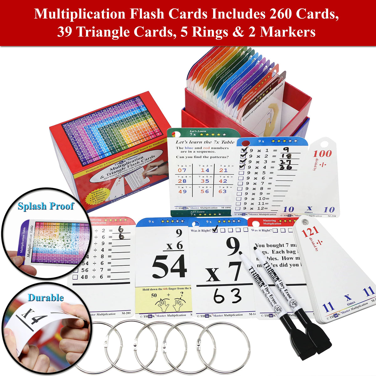 Think2Master Addition, Subtraction & Multiplication Flash Cards. This 3 Pack Includes 780 Laminated Cards to Learn How to add, Subtract, Multiply, Divide. Plus 6 Dry Erase Markers & 15 Rings