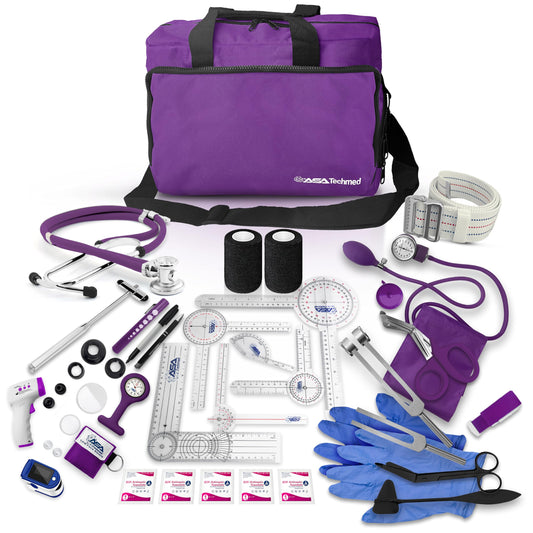 ASA TECHMED Physical Therapy Home Health Aide Comprehensive Kit - Carrying Bag, Blood Pressure Cuff, Stethoscope, Gait Belt- Purple