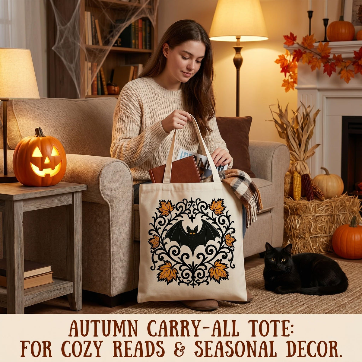 2 Pack Vintage Fall Halloween Canvas Tote Bags,Retro Gothic Ghost Witch Pumpkin Bat&Autumn Maple Leaf,Reusable Carryall Bags for Trick-or-Treat,Fall Harvest&Thanksgiving Gifting (Bat&Pumpkin)