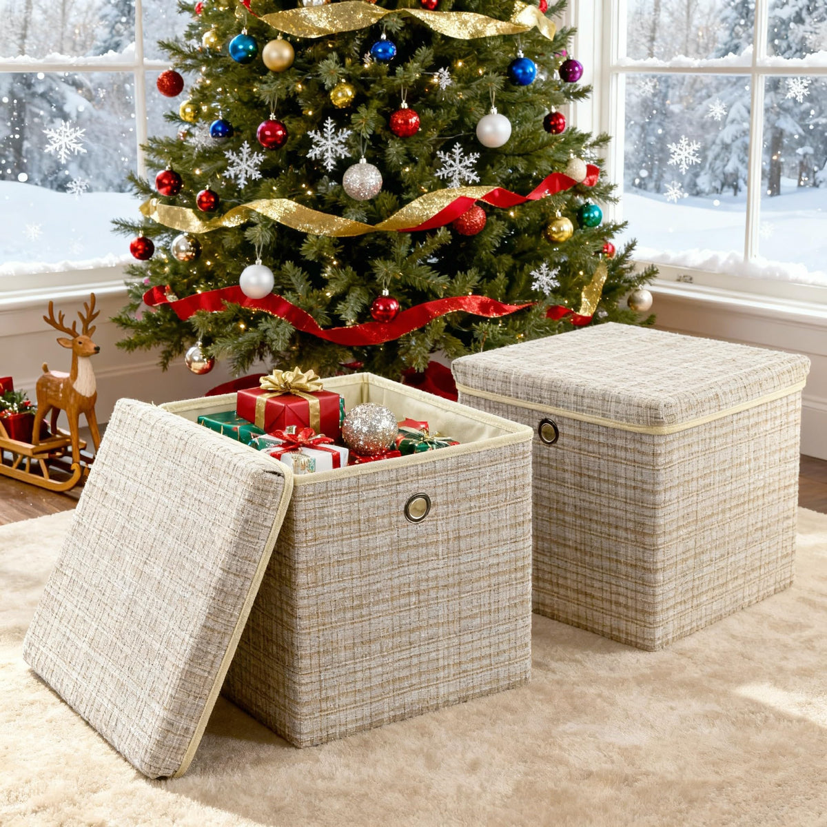 modscape 2-Pack 12"x12" Fabric Storage Bins with Lids, Collapsible Storage Bins for Clothes Toys, Sturdy Storage Cube for Bedroom Closet Shelves Home Organization (Shining Beige, 2)